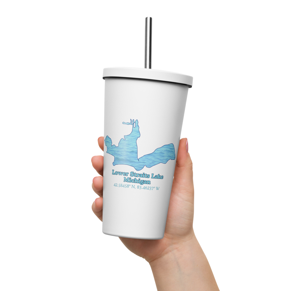 20 oz. Insulated Stainless Steel Tumbler and metal straw with Lower Straits Lake and We Lake You on other side