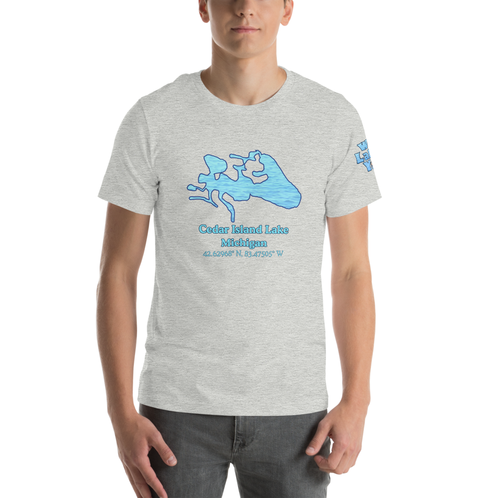 Premium Unisex T-shirt with Cedar Island Lake on front and We Lake You on sleeve