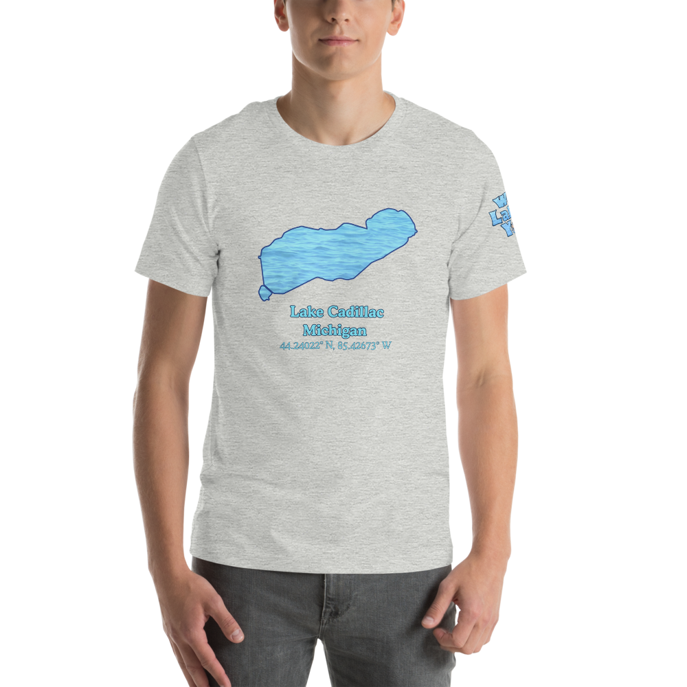 Premium Unisex T-shirt with Lake Cadillac on front and We Lake You on sleeve