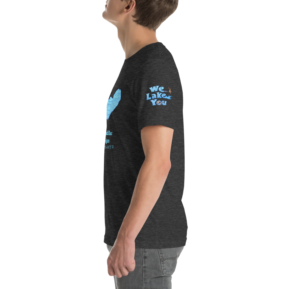 Premium Unisex T-shirt with Lake Cadillac on front and We Lake You on sleeve