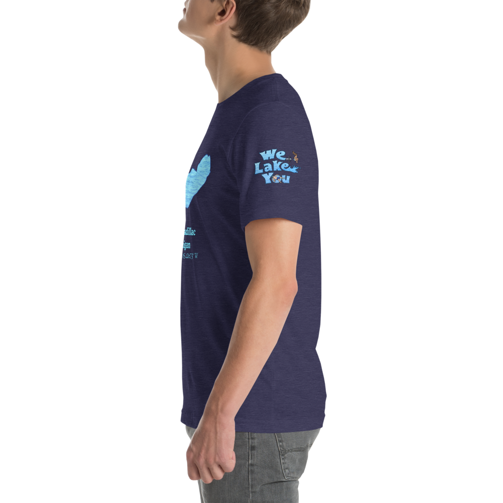 Premium Unisex T-shirt with Lake Cadillac on front and We Lake You on sleeve