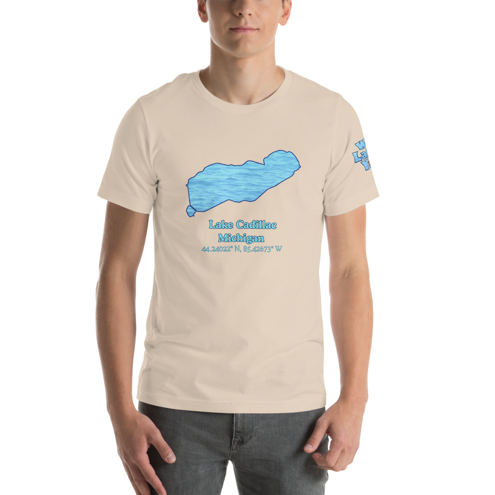 Premium Unisex T-shirt with Lake Cadillac on front and We Lake You on sleeve