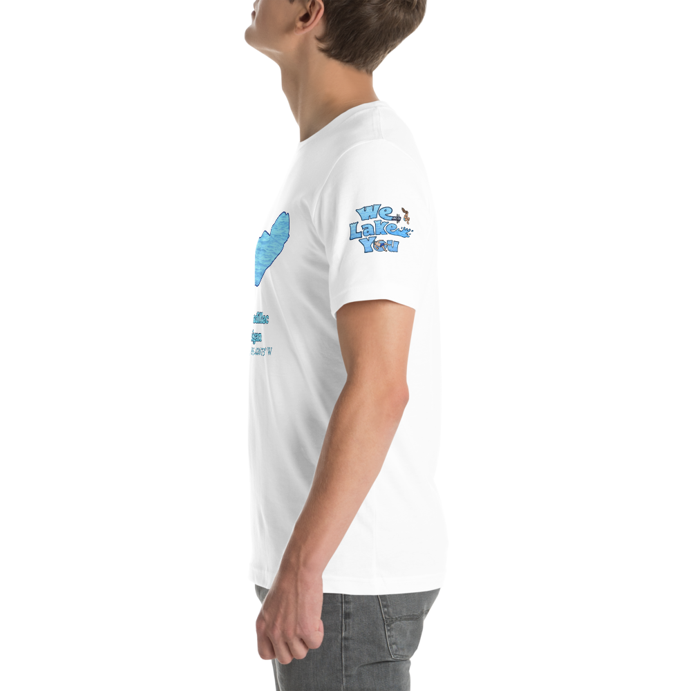 Premium Unisex T-shirt with Lake Cadillac on front and We Lake You on sleeve