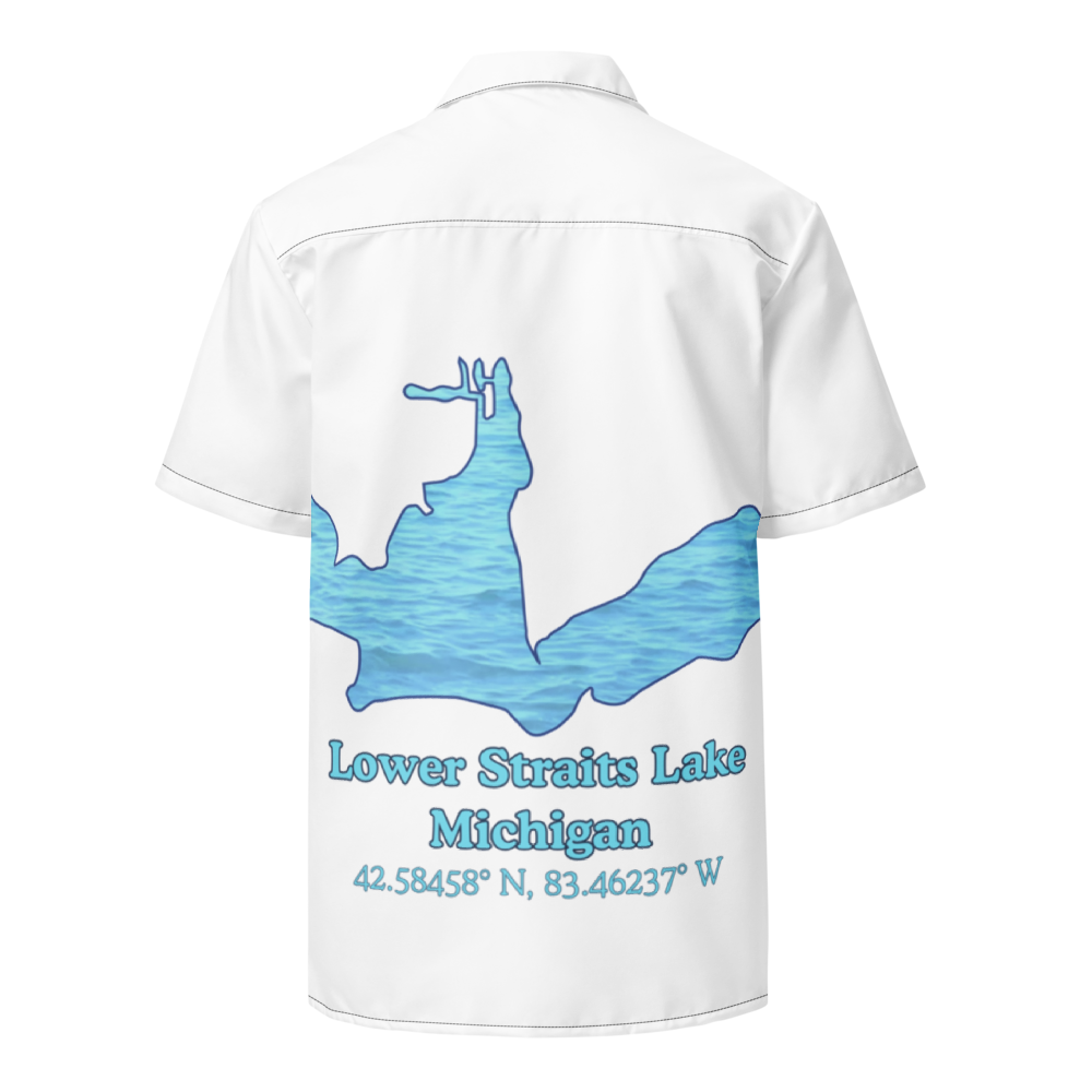 Unisex button shirt with Lower Straits Lake on back and We Lake You on front