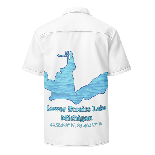Unisex button shirt with Lower Straits Lake on back and We Lake You on front