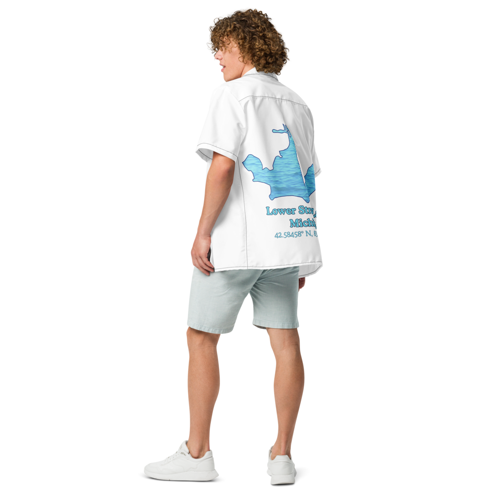 Unisex button shirt with Lower Straits Lake on back and We Lake You on front