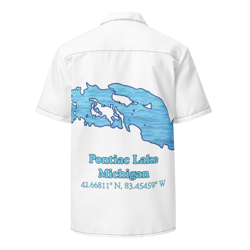 Unisex button shirt with Pontiac Lake on back and We Lake You on front