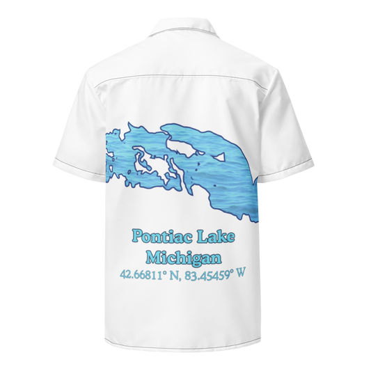 Unisex button shirt with Pontiac Lake on back and We Lake You on front