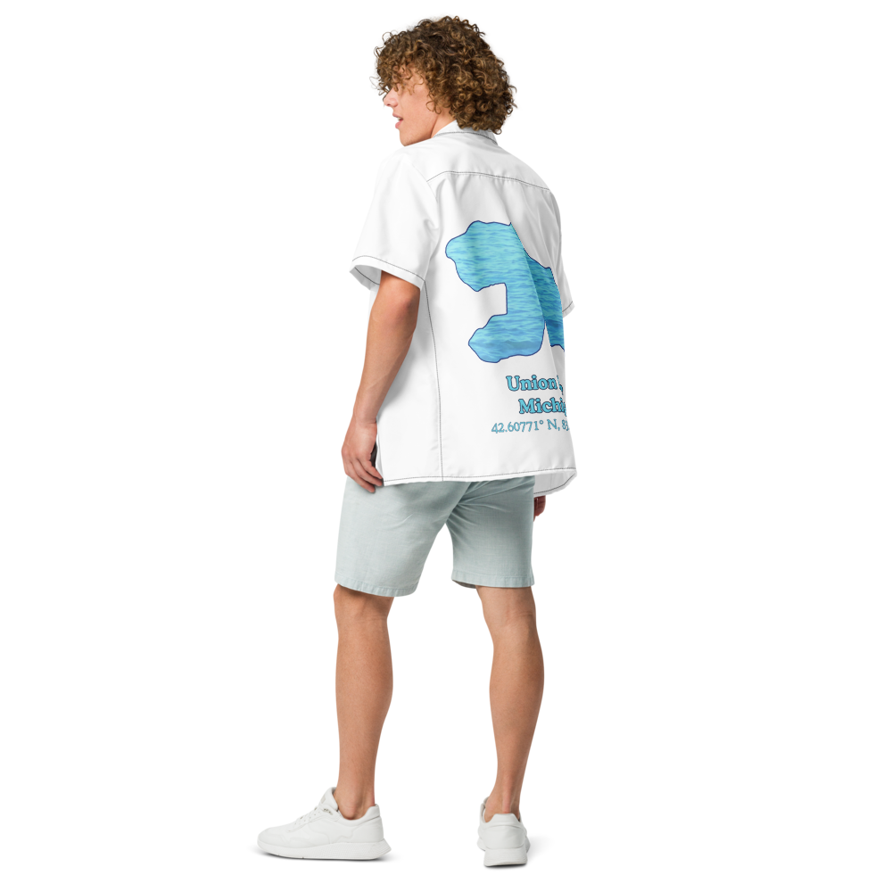 Unisex button shirt with Union Lake on back and We Lake You on front