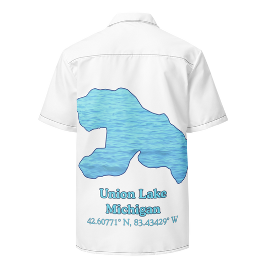 Unisex button shirt with Union Lake on back and We Lake You on front