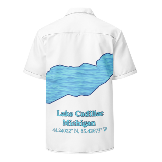Unisex button shirt with Lake Cadillac on back and We Lake You on front