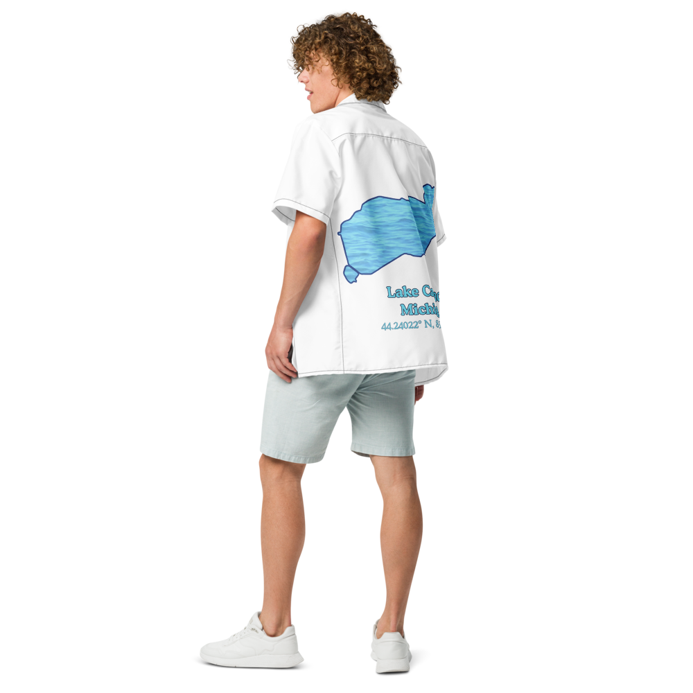 Unisex button shirt with Lake Cadillac on back and We Lake You on front