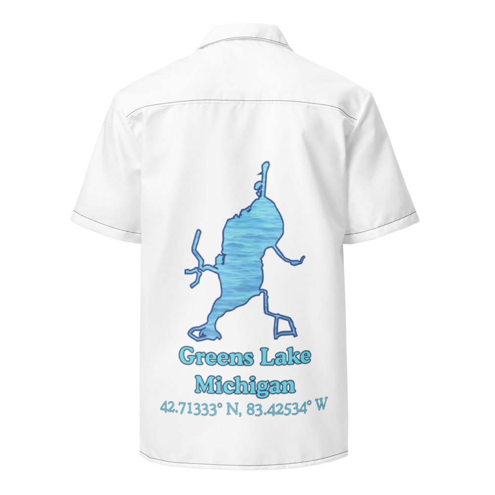 Unisex button shirt with Greens Lake on back and We Lake You on front