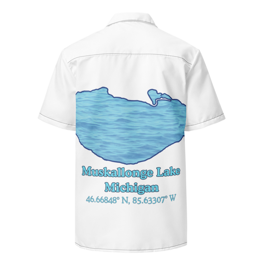 Muskallonge Lake Button Down Shirt with over-sized print