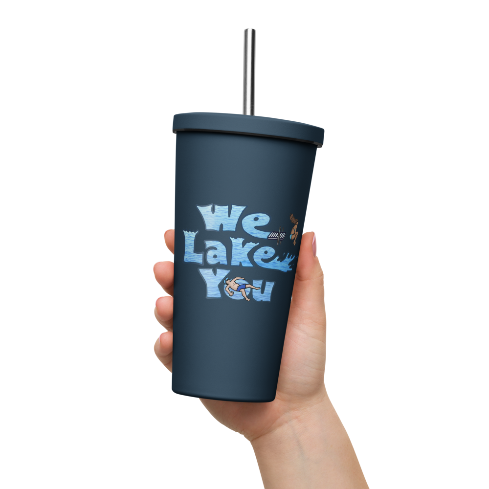 20 oz. Insulated Stainless Steel Tumbler and metal straw with Pontiac Lake and We Lake You on other side