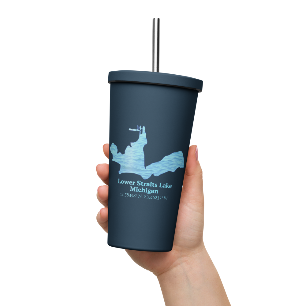 20 oz. Insulated Stainless Steel Tumbler and metal straw with Lower Straits Lake and We Lake You on other side