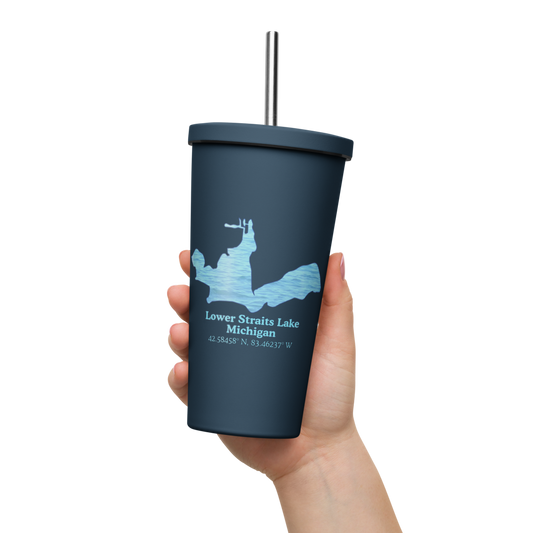 20 oz. Insulated Stainless Steel Tumbler and metal straw with Lower Straits Lake and We Lake You on other side