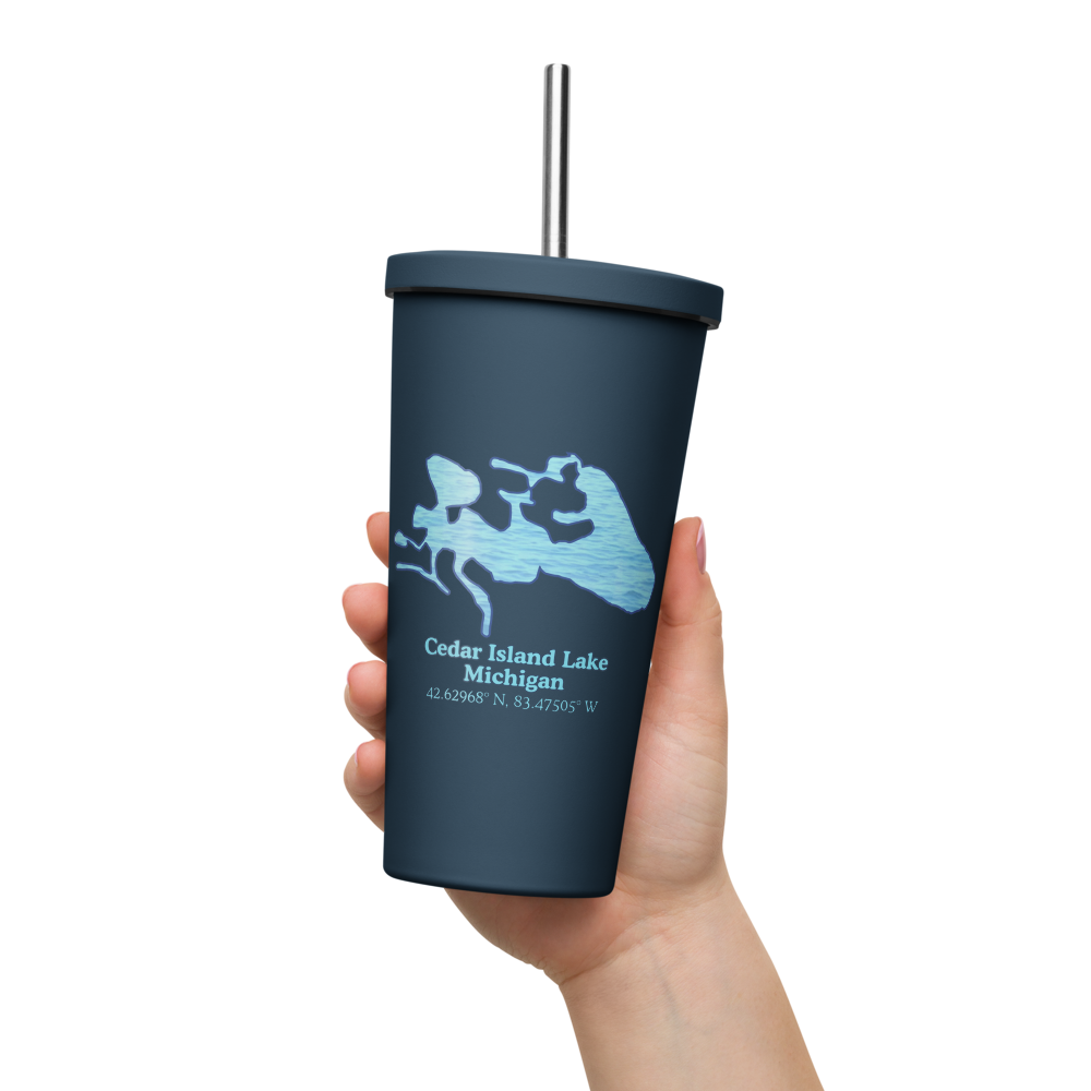 20 oz. Insulated Stainless Steel Tumbler and metal straw with Cedar Island Lake and We Lake You on other side