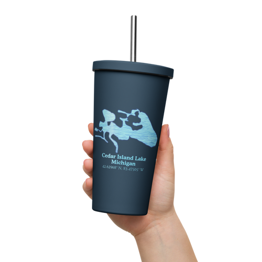 20 oz. Insulated Stainless Steel Tumbler and metal straw with Cedar Island Lake and We Lake You on other side
