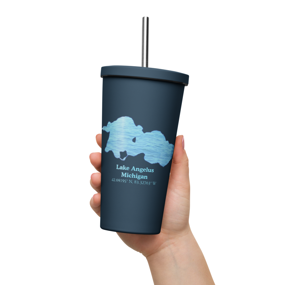 20 oz. Insulated Stainless Steel Tumbler and metal straw with Lake Angelus and We Lake You on other side