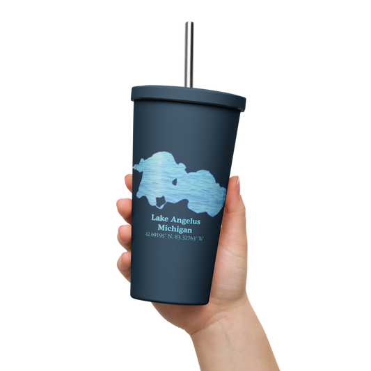 20 oz. Insulated Stainless Steel Tumbler and metal straw with Lake Angelus and We Lake You on other side
