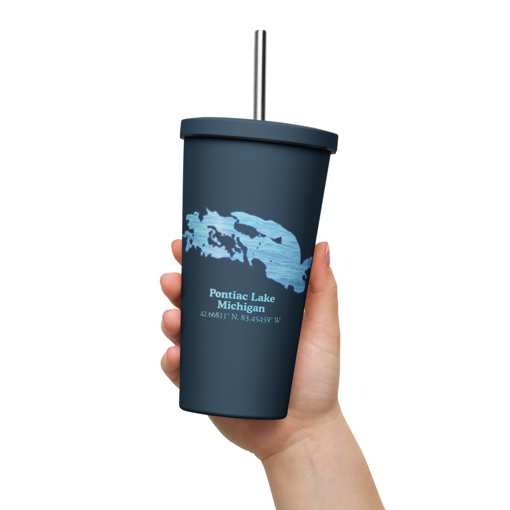 20 oz. Insulated Stainless Steel Tumbler and metal straw with Pontiac Lake and We Lake You on other side