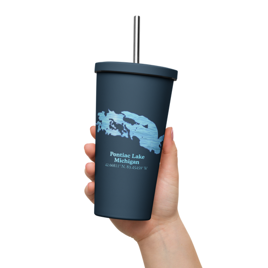 20 oz. Insulated Stainless Steel Tumbler and metal straw with Pontiac Lake and We Lake You on other side