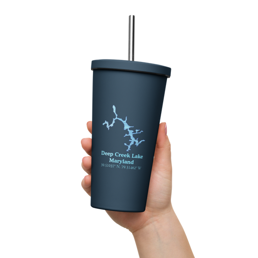 20 oz. Insulated Stainless Steel Tumbler and metal straw with Deep Creek Lake and We Lake You on other side