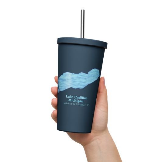 20 oz. Insulated Stainless Steel Tumbler and metal straw with Lake Cadillac and We Lake You on other side