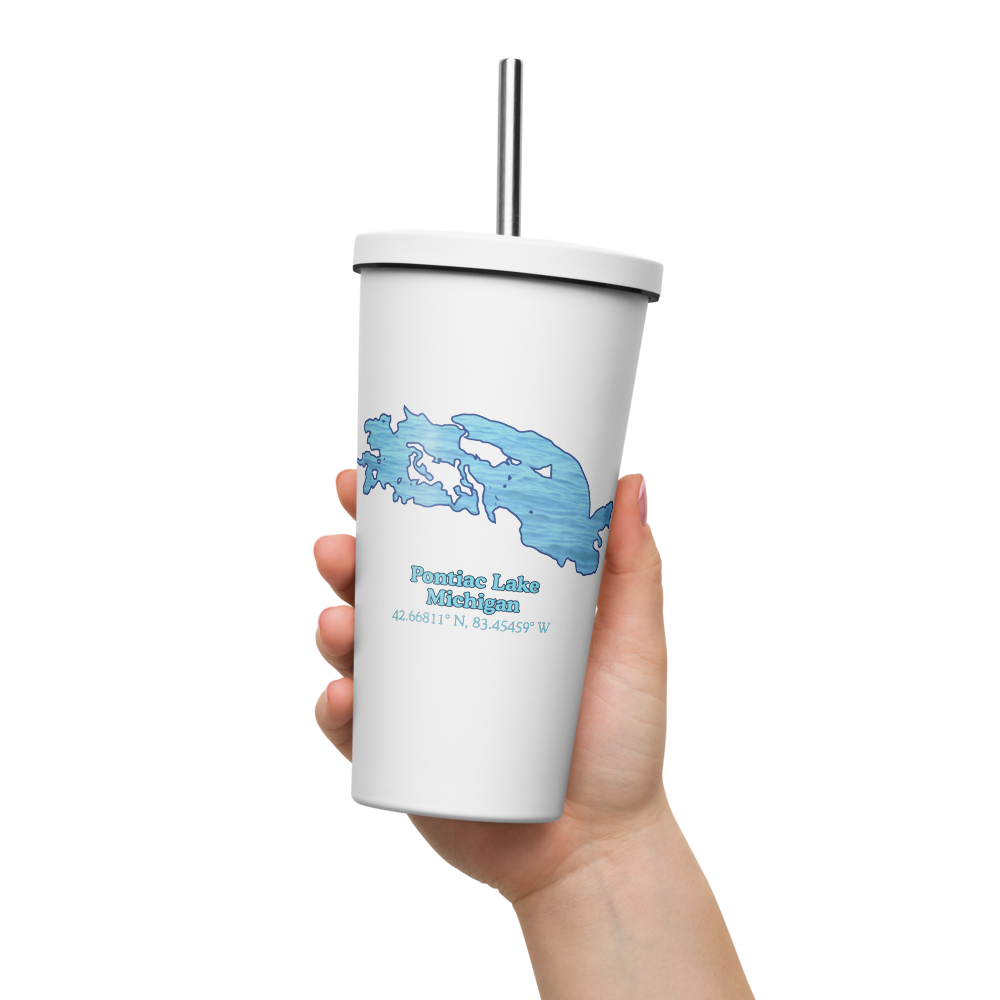 20 oz. Insulated Stainless Steel Tumbler and metal straw with Pontiac Lake and We Lake You on other side