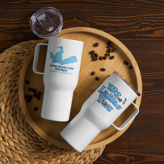 25 oz Stainless Steel Travel Mug with Lower Straits Lake and We Lake You on other side (with lid)