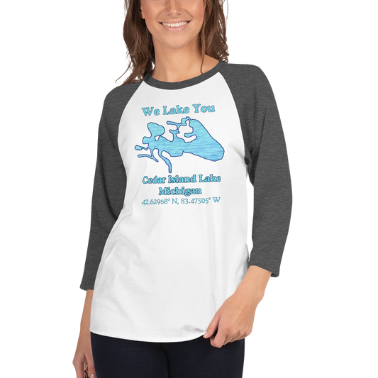 Unisex 3⁄4 Sleeve Raglan T-shirt - Cedar Island Lake on front
