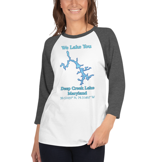 Unisex 3⁄4 Sleeve Raglan T-shirt - Deep Creek Lake on front