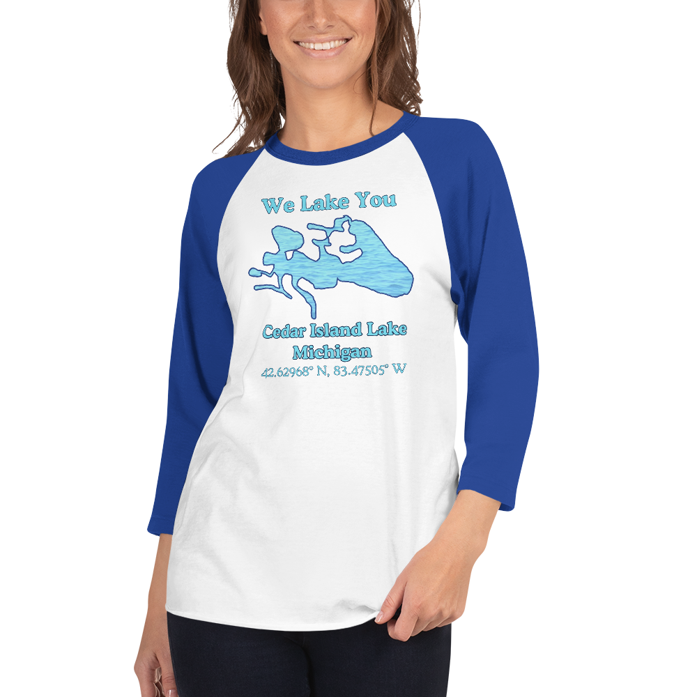 Unisex 3⁄4 Sleeve Raglan T-shirt - Cedar Island Lake on front