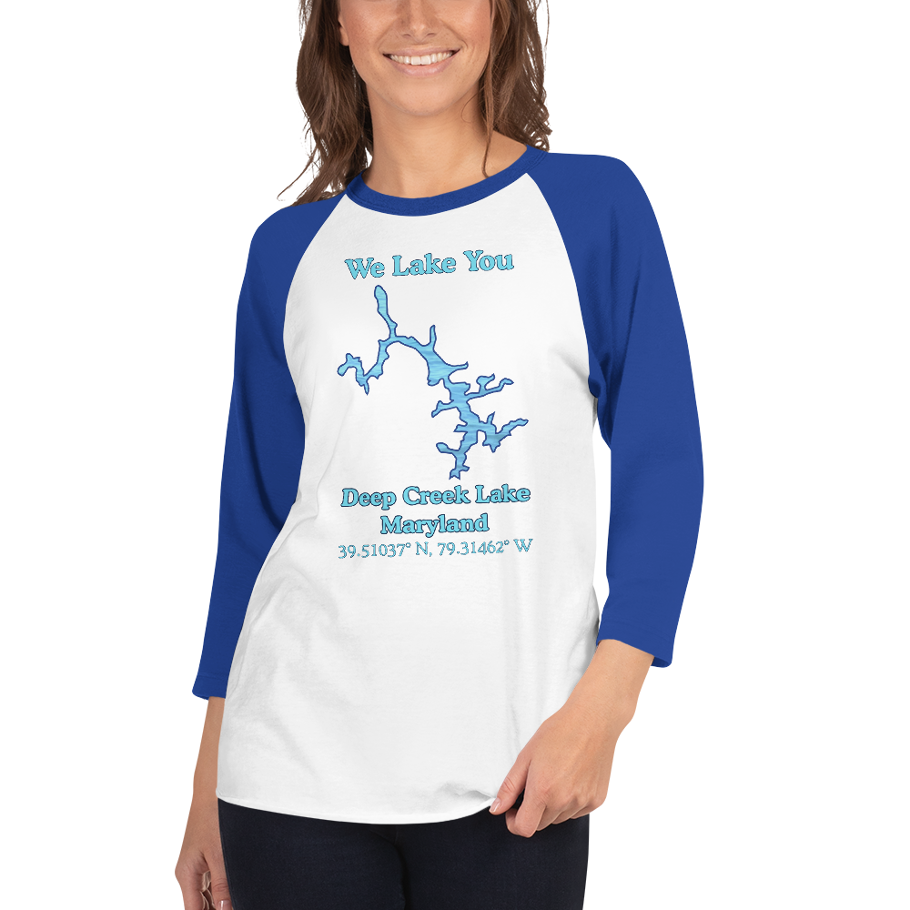Unisex 3⁄4 Sleeve Raglan T-shirt - Deep Creek Lake on front
