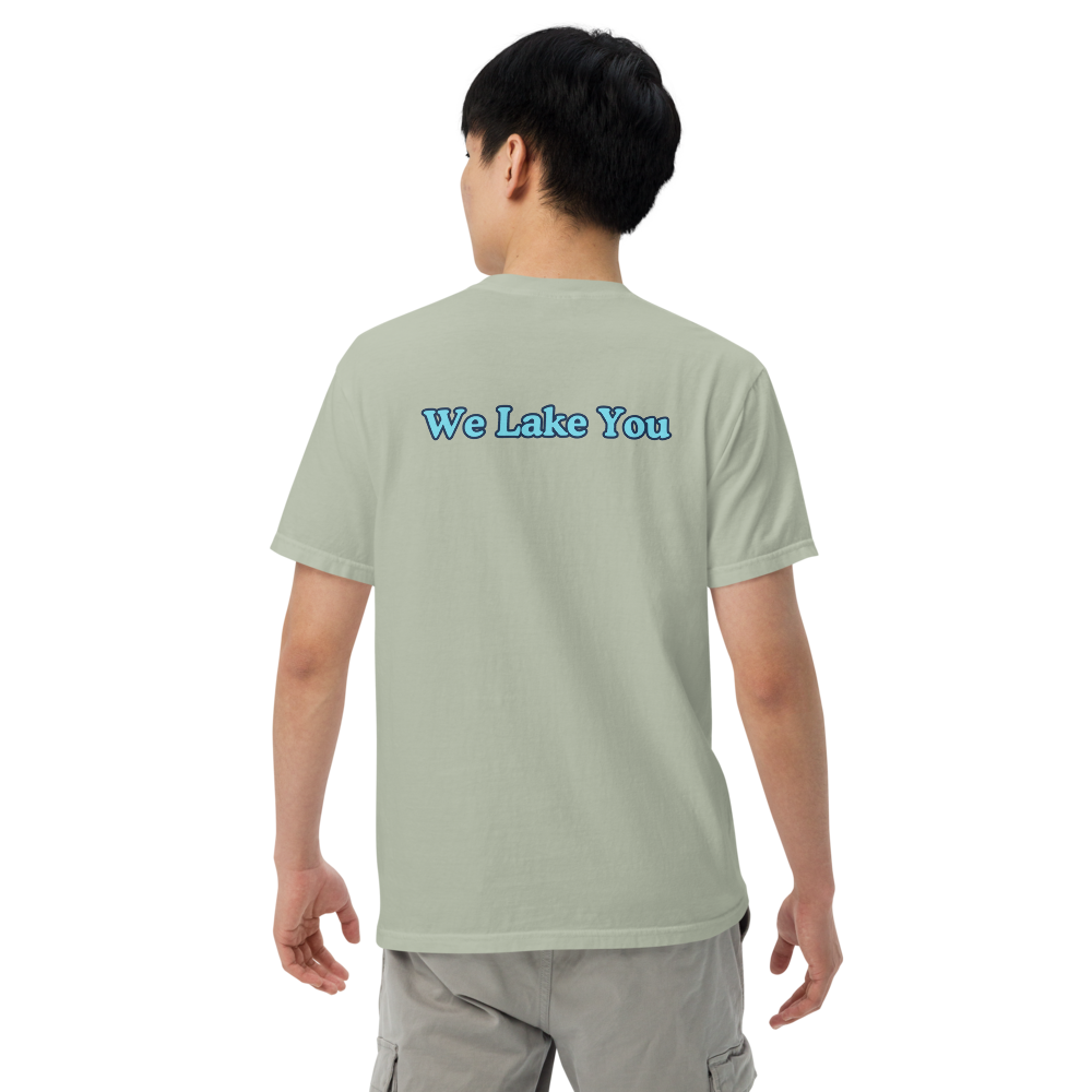 Embroidered Super Premium Unisex T-shirt with Pontiac Lake on front and We Lake You on back