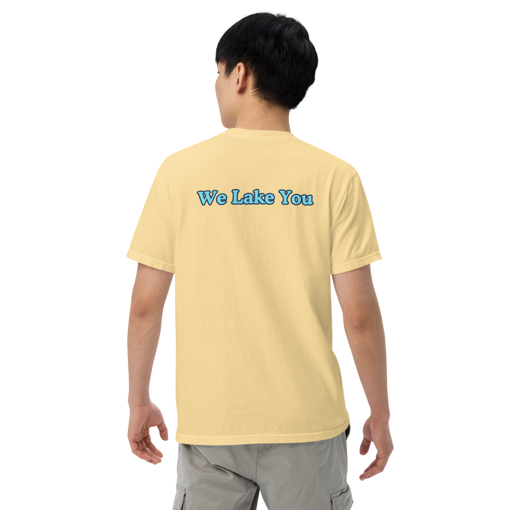 Embroidered Super Premium Unisex T-shirt with Pontiac Lake on front and We Lake You on back