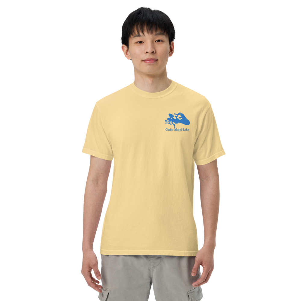 Embroidered Super Premium Unisex T-shirt with Cedar Island Lake on front and We Lake You on back
