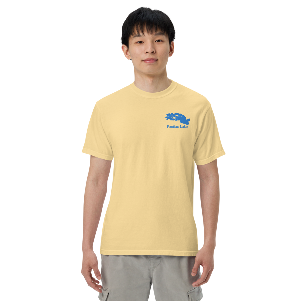 Embroidered Super Premium Unisex T-shirt with Pontiac Lake on front and We Lake You on back