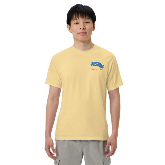 Embroidered Super Premium Unisex T-shirt with Pontiac Lake on front and We Lake You on back