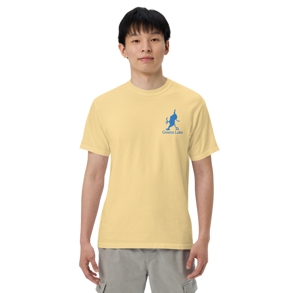 Embroidered Super Premium Unisex T-shirt with Greens Lake on front and We Lake You on back