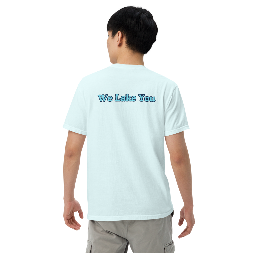 Embroidered Super Premium Unisex T-shirt with Pontiac Lake on front and We Lake You on back