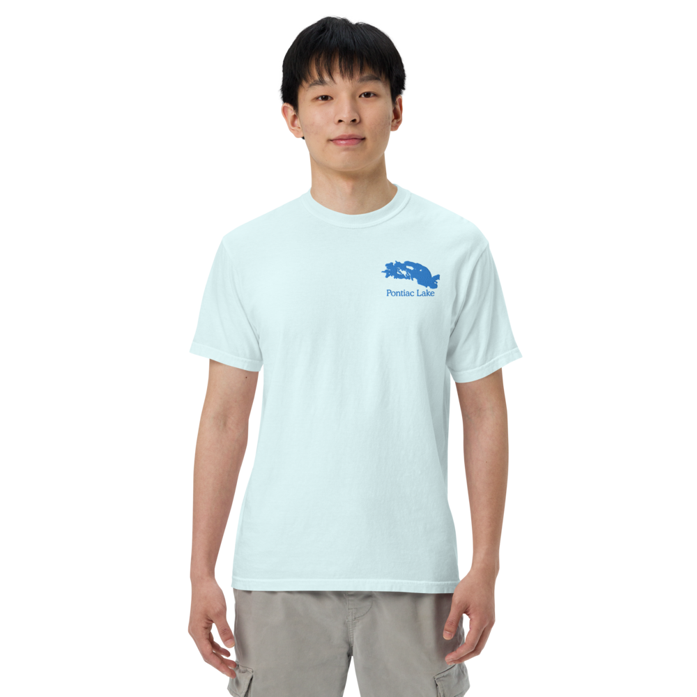 Embroidered Super Premium Unisex T-shirt with Pontiac Lake on front and We Lake You on back