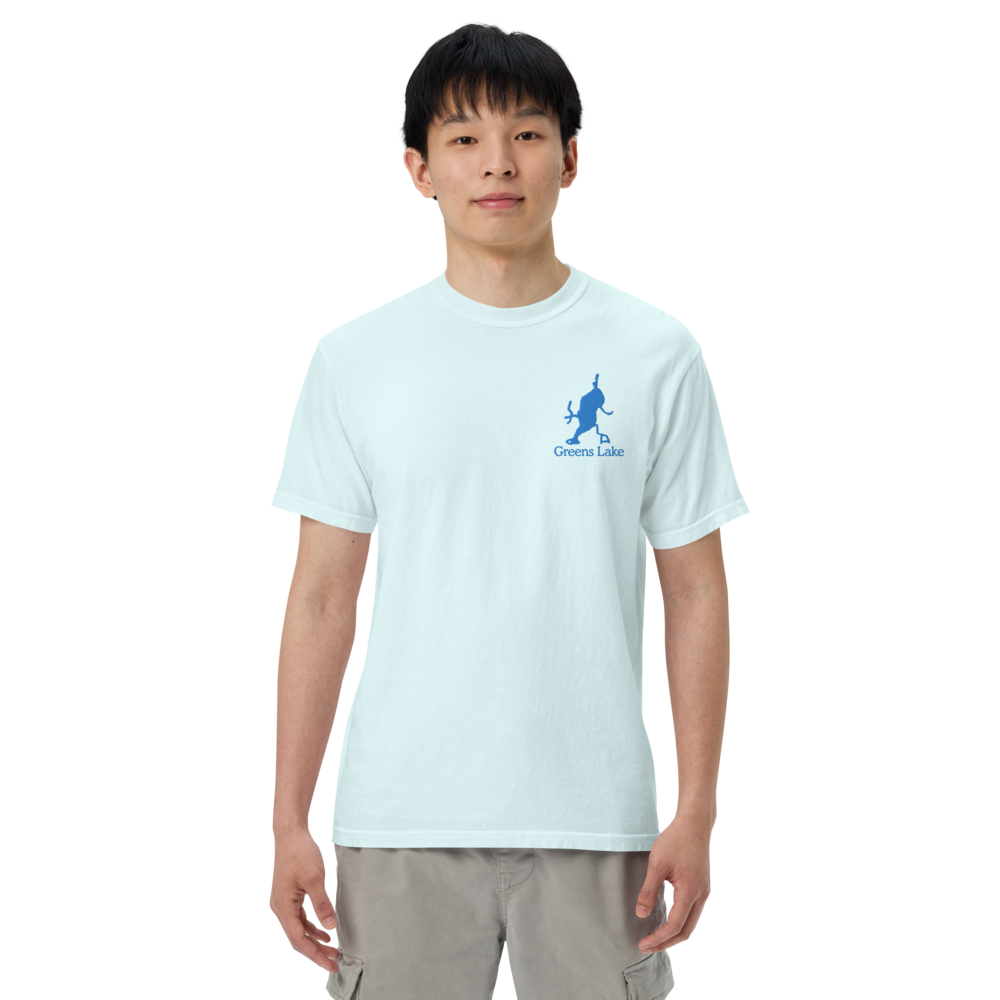Embroidered Super Premium Unisex T-shirt with Greens Lake on front and We Lake You on back