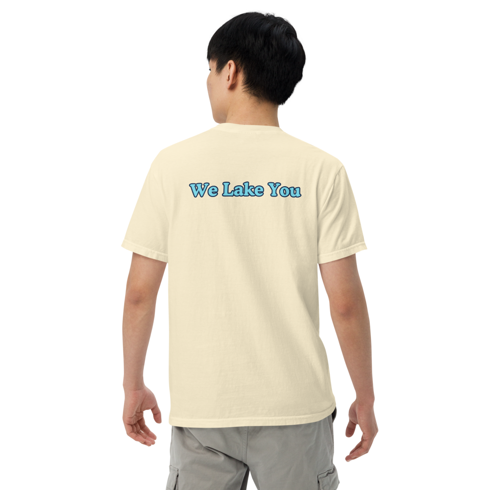 Embroidered Super Premium Unisex T-shirt with Pontiac Lake on front and We Lake You on back