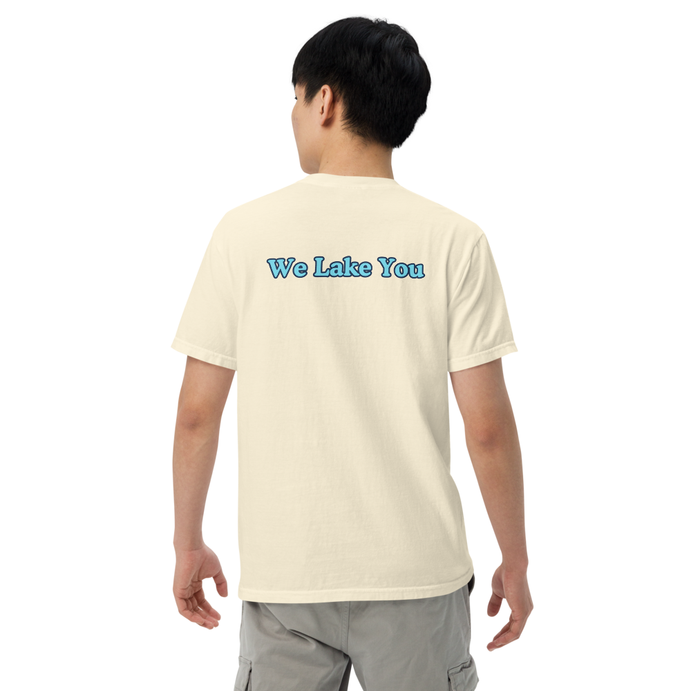 Embroidered Super Premium Unisex T-shirt with Greens Lake on front and We Lake You on back