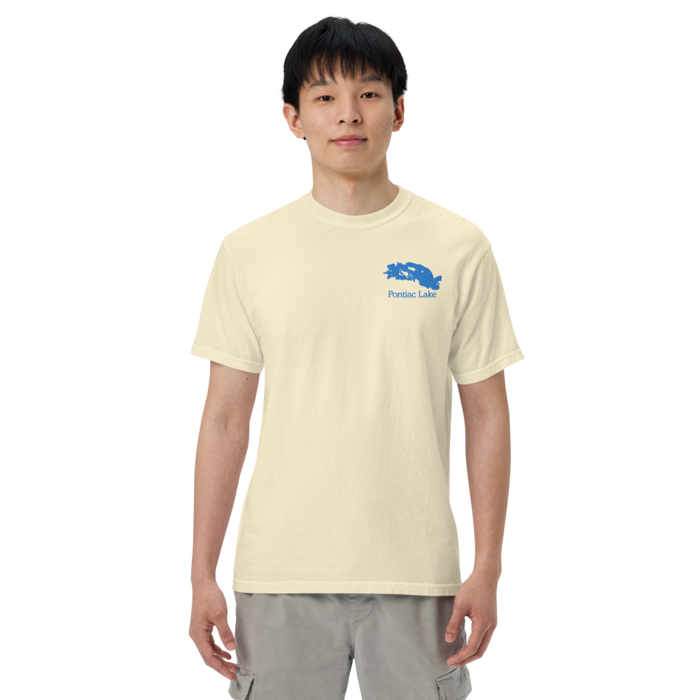 Embroidered Super Premium Unisex T-shirt with Pontiac Lake on front and We Lake You on back