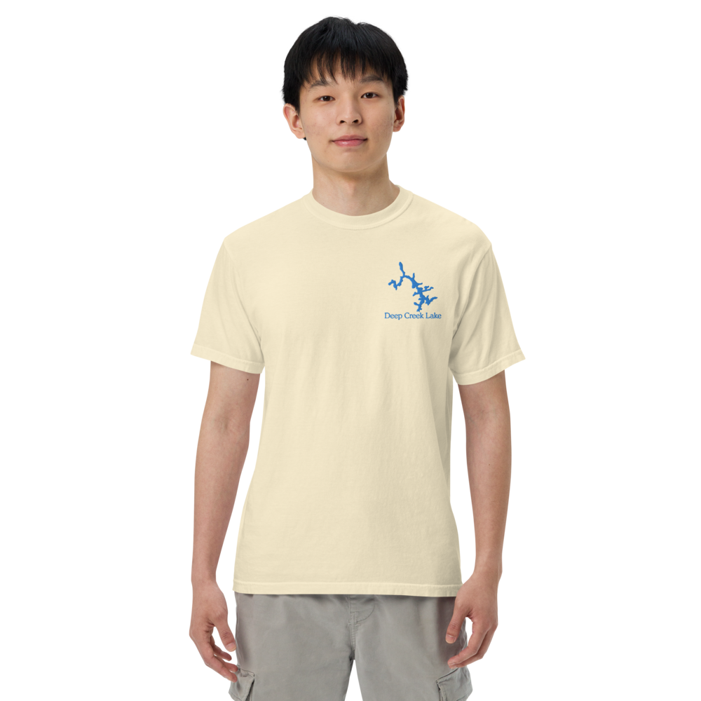 Embroidered Super Premium Unisex T-shirt with Deep Creek Lake on front and We Lake You on back