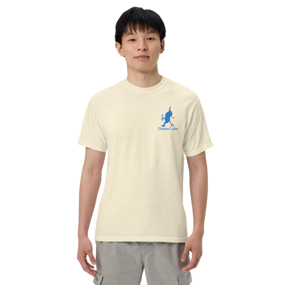 Embroidered Super Premium Unisex T-shirt with Greens Lake on front and We Lake You on back
