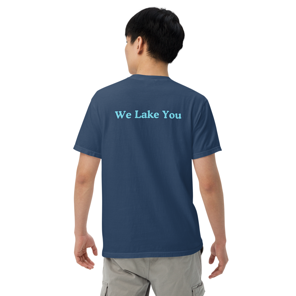 Embroidered Super Premium Unisex T-shirt with Pontiac Lake on front and We Lake You on back